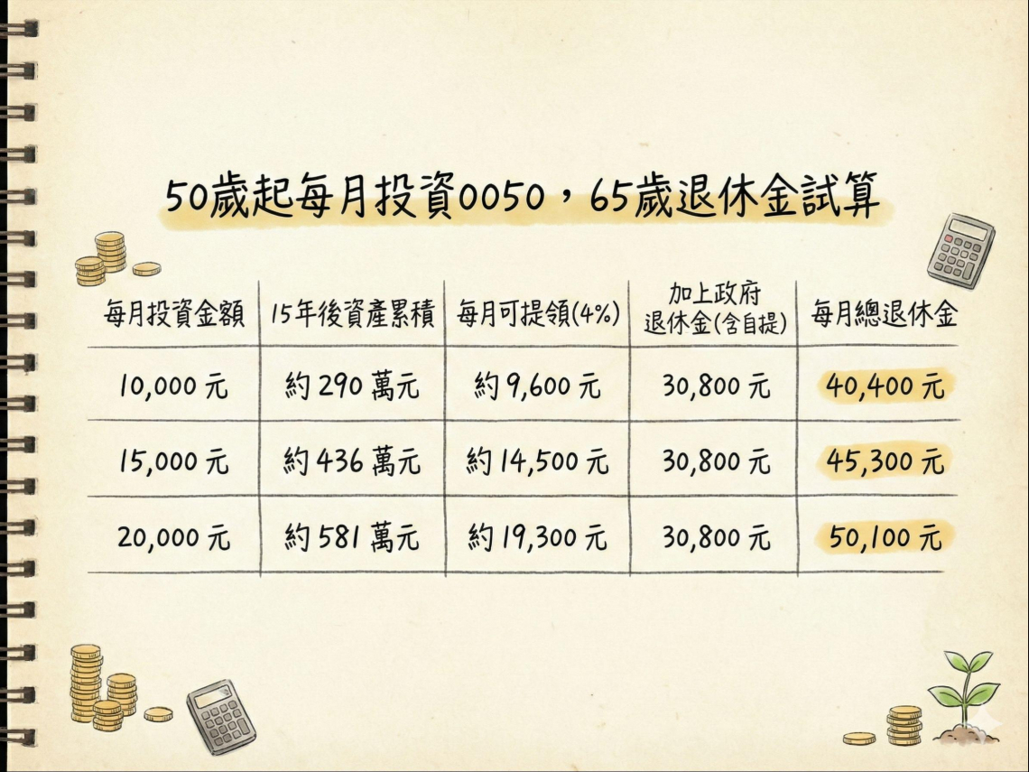 50歲存0050來得及？退休金試算方程式曝光！勞保年金＋勞退新制搭配：65歲月領5萬很好過